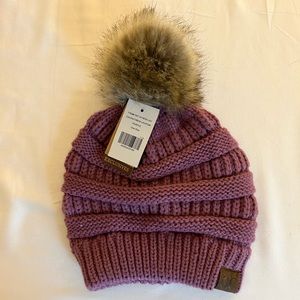 C.C. Cheveux Classic Cozy Knit Purple Pom Beanie